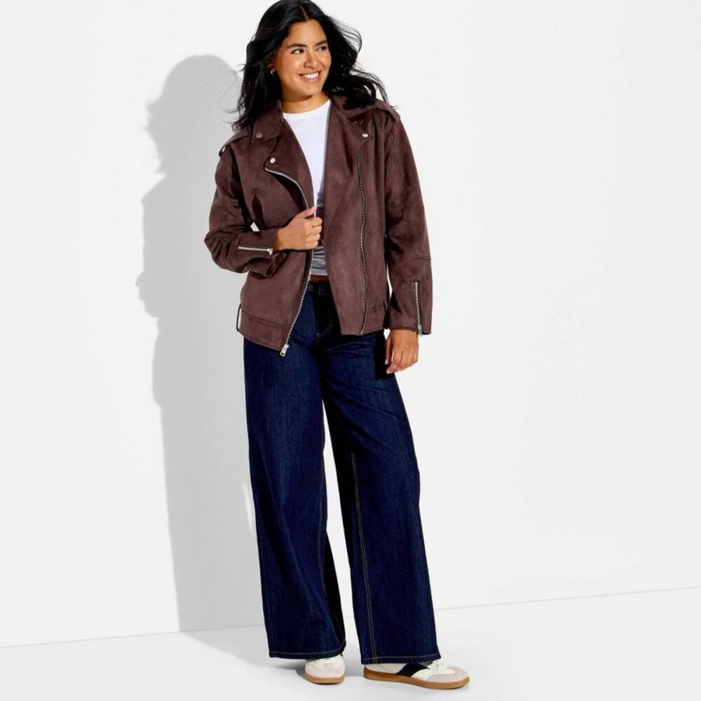 Women's Faux Suede Biker Jacket - Wild Fable Dark Brown XS
